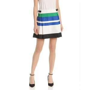 Karen Millen Pleated Skirt Womens 8 Blue Striped ALine Buckle Mini Chic Elegant
